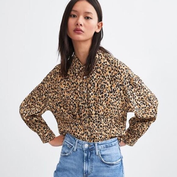 Zara Brown Leopard Print Long Sleeve Button Down XS - Picture 1 of 4